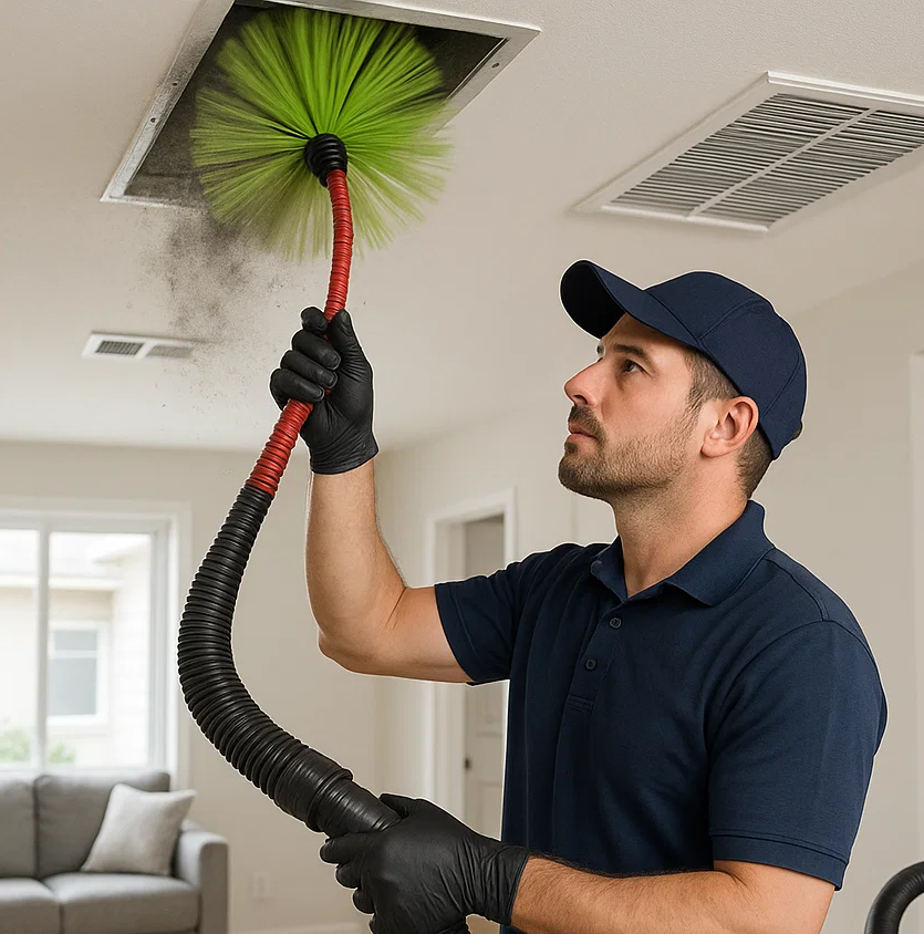 Technician using rotary brushes, negative air vacuum and HEPA extraction to remove hidden dust, fur and microbial buildup from HVAC ducts in Colony Lakes TX.