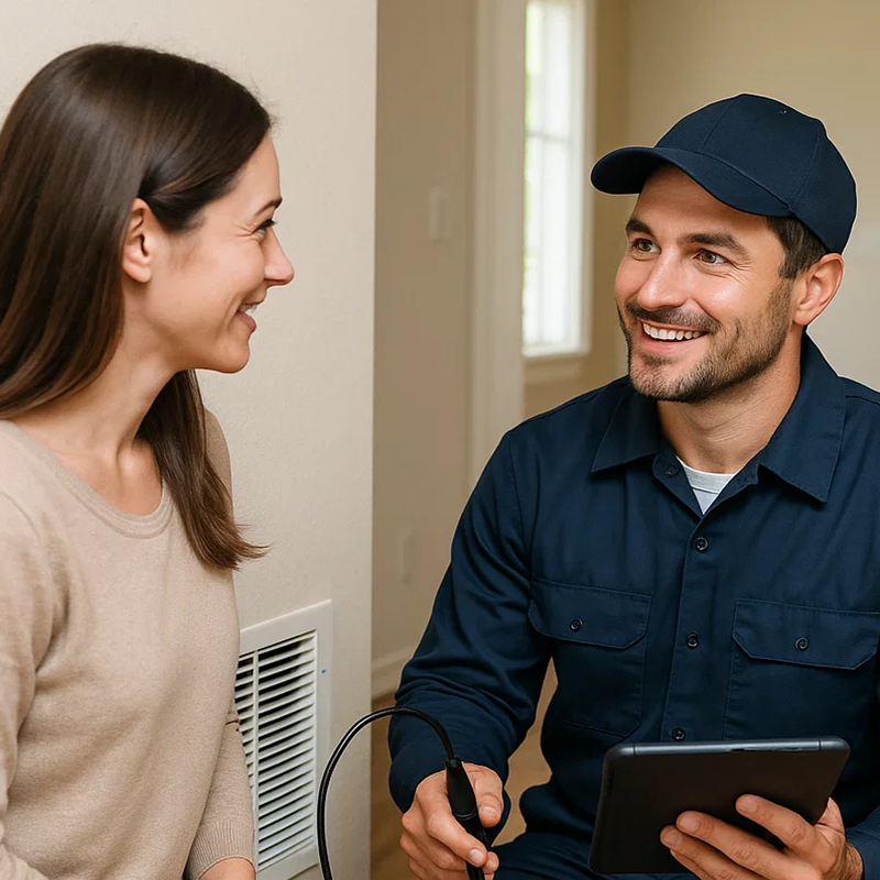 Friendly air duct technician assisting a homeowner, explaining air quality improvements and HVAC care in Colony Lakes TX.