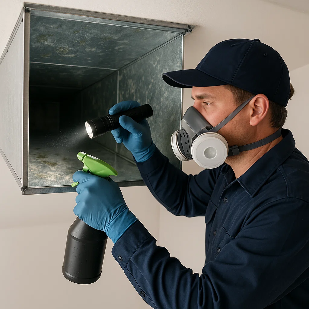 Technician cleaning HVAC ducts to improve airflow, reduce energy costs and enhance system efficiency in Quail Valley TX.