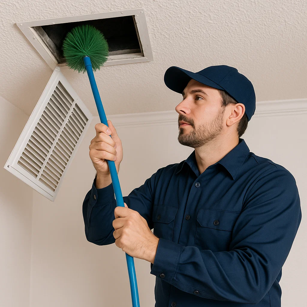 Technician cleaning HVAC air ducts to remove blockages and restore strong, consistent airflow in Colony Lakes TX.
